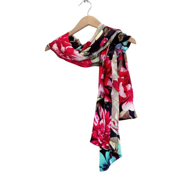 Scarf Floral Pink Blue XIIX SilkLike 72"x20" Rectangle Roses Dahlia Heads Garden - Picture 2 of 10